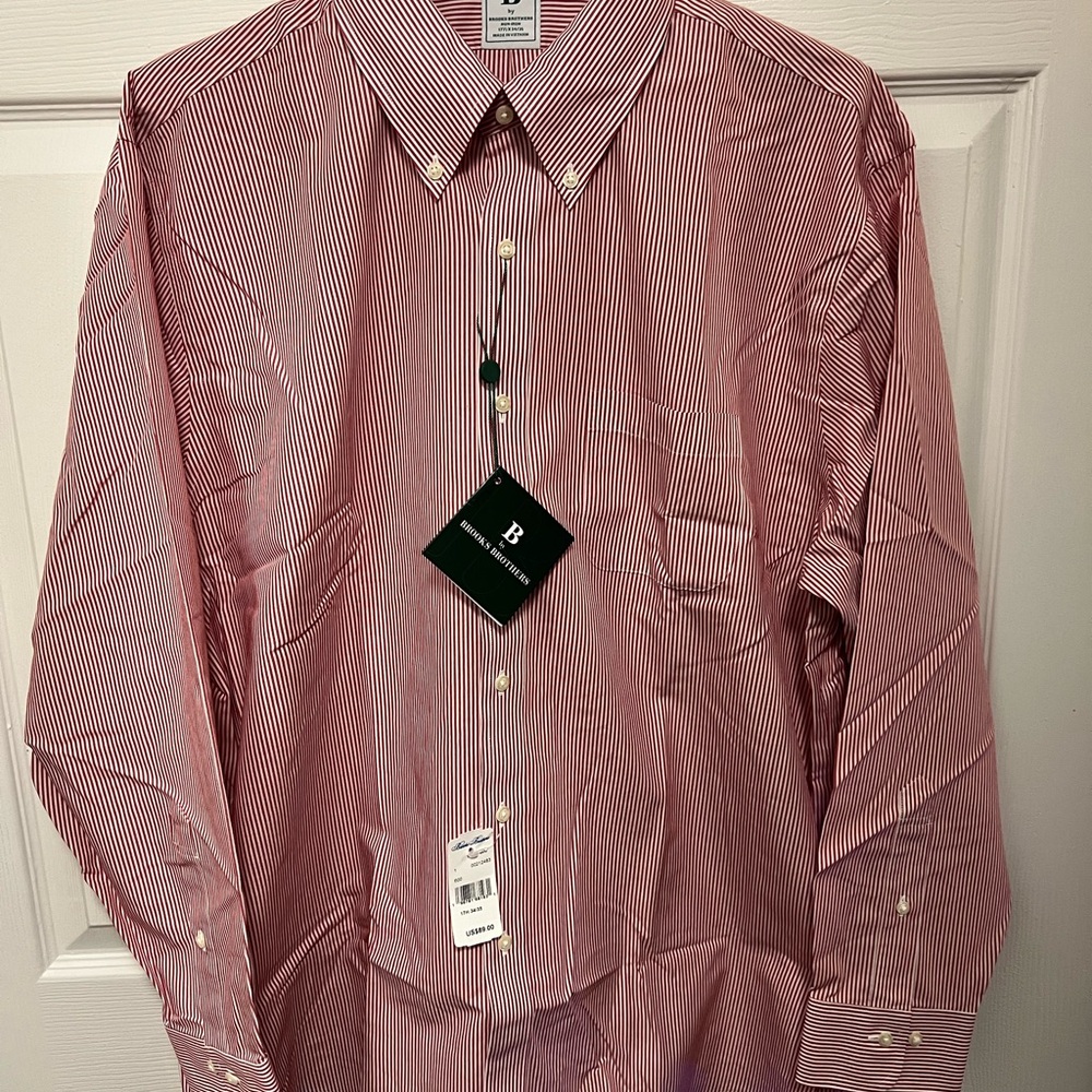 Brooks Brothers Red & White Striped Dress Shirt | Regular Fit Size 17.5 34-35